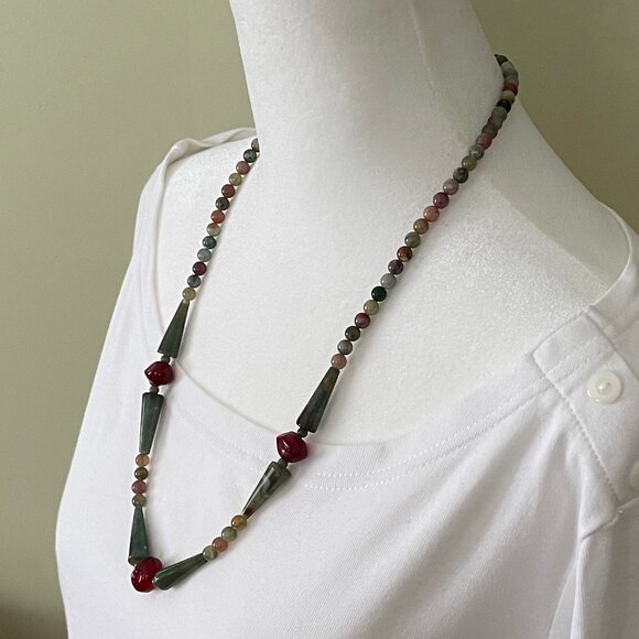Natural Stone and Red Glass Bead Necklace - Picture 2 of 8